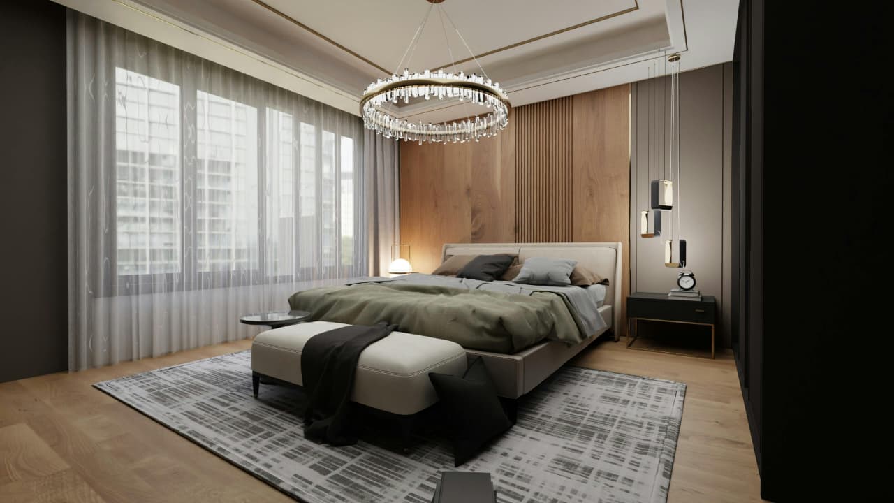 modern bedroom chandelier with warm bulbs