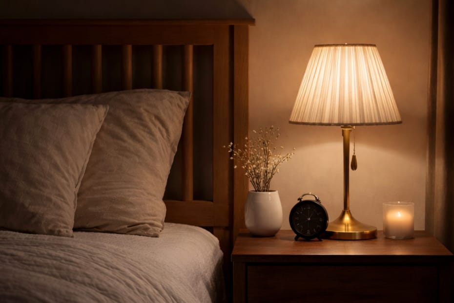 warm bedside lamp lighting in a calm bedroom at night