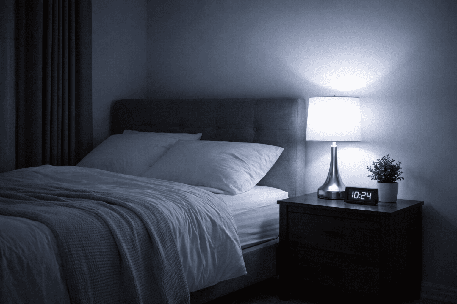 cool white bedside lamp creating flat lighting in a bedroom at night